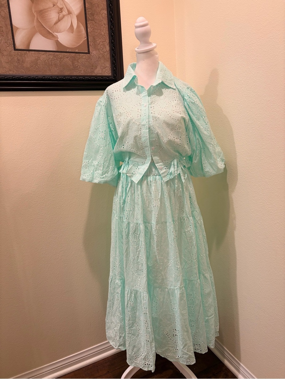 Double D One Size Mint GreenEyelet Button-Front Blouse and Skirt Coords set NWOT